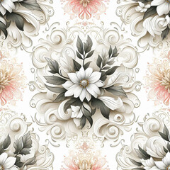 Beautiful floral elegant swirls damask fabric seamless pattern of hand drawn flowers with decorative colorful wallpaper background
