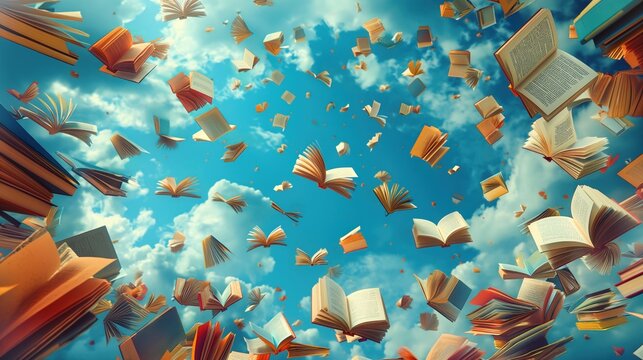 Livros voando pelos c&eacute;us, representando o poder transformador da educa&ccedil;&atilde;o e o conhecimento que se eleva al&eacute;m das fronteiras