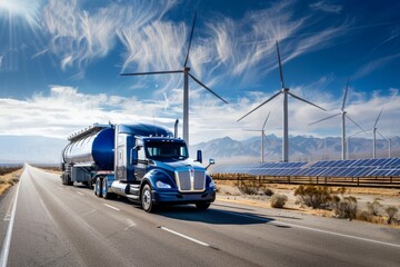 Cutting-edge electric truck hauling a blue hydrogen gas tank down a highway, with sweeping rows of wind turbines and solar panels stretching out toward the horizon.