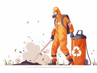 white background, Cleaning up hazardous materials from the environment, in the style of animated illustrations, full body, only one man, text-based
