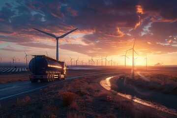 Silhouette of an electric truck with a hydrogen cistern against a sunset background on a deserted road surrounded by windmills and solar panels.