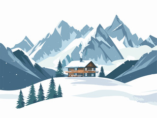 white background, A mountain lodge surrounded by snow-capped peaks, in the style of animated illustrations, background, text-based