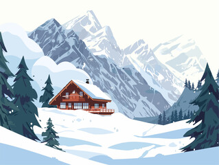white background, A mountain lodge surrounded by snow-capped peaks, in the style of animated illustrations, background, text-based