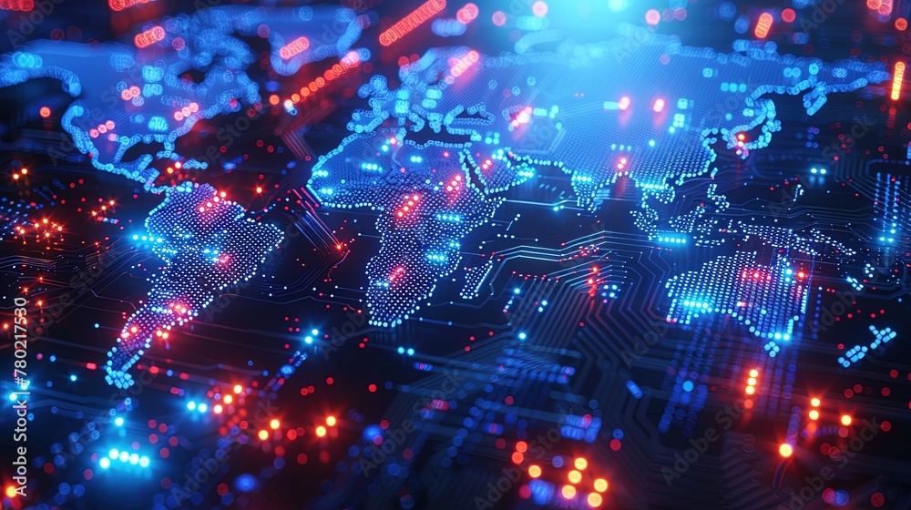 Wall mural the illuminated digital map of the world is engraved on a dark printed circuit board. innovative pc.