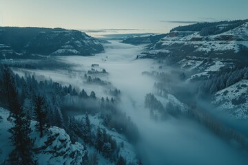 Drone photo of a foggy valley 