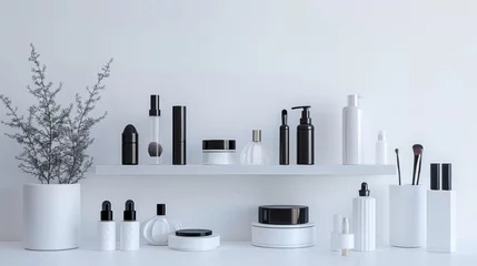 Deurstickers Simple yet strikingly beautiful this monochrome minimalism theme features a background of clean white with floating shelf podiums . . © Justlight