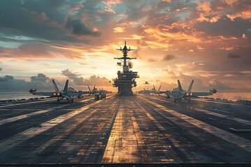 Runway of navy craft transporting fighter jets - obrazy, fototapety, plakaty