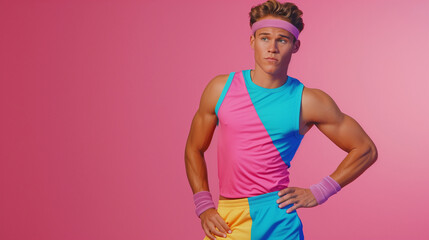 Retro 1980s Style Male Aerobics Model Wearing Bright Colorful Fitness Clothing With Copy Space