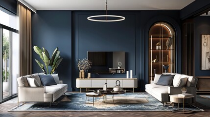 Modern interior of living room with cabinet for tv on dark blue wall background,3d rendering