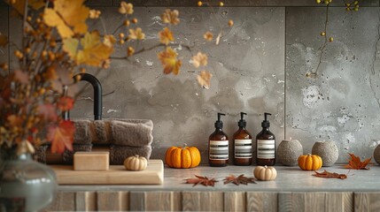 Elegant Autumn Bathroom Decor with Aromatic Dispensers - obrazy, fototapety, plakaty
