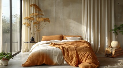 Cozy Bedroom Interior with Warm Sunlight and Plant Decor - obrazy, fototapety, plakaty