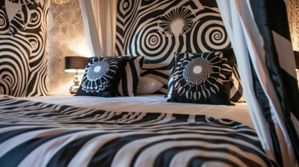 A luxurious bedroom with a canopy bed dd in luxurious fabrics and adorned with hypnotizing optical illusion print pillows. The pattern seems to come to life appearing to dance and .