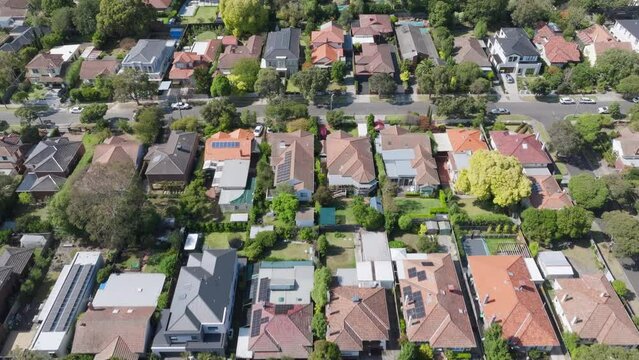 Aerial view flyover of leafy middle class suburb homes