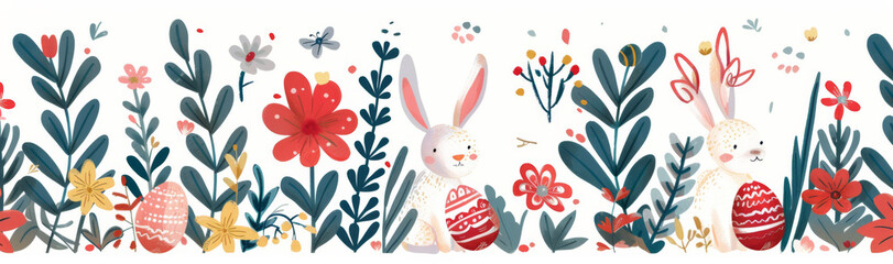 Vector illustration of easter pattern with bunnies, eggs and flowers on white background