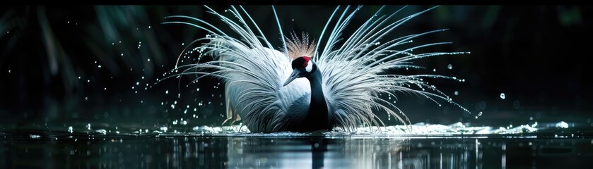 A neon-crowned crane its feathers softly lit