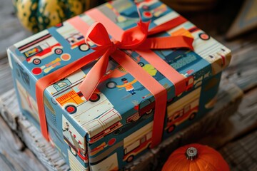 Fototapeta premium A vintage toy gift box with nostalgic toy prints and a classic