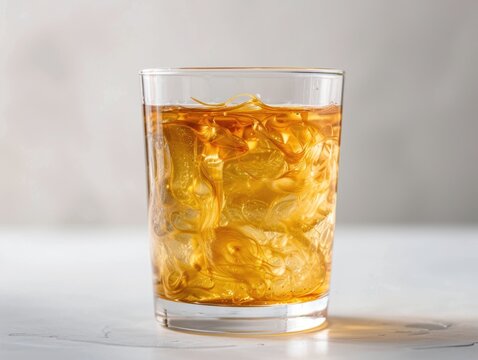 A glass of kombucha with visible strands of SCOBY