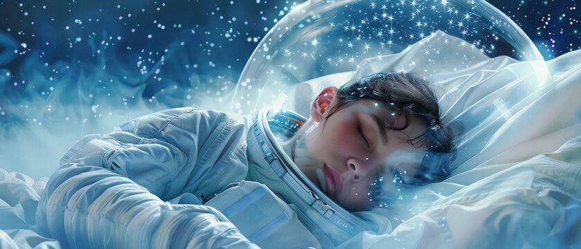 Astronaut asleep in zero gravity