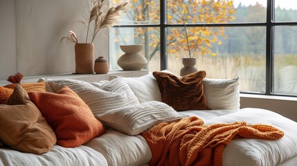 Fototapeta na wymiar Cozy Bedroom Interior with Autumn Theme