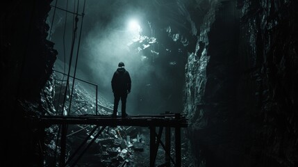 Standing on a rickety platform a lone figure gazes into the seemingly endless abyss of the mine. The faint light of their headlamp ly illuminates the rough walls and tered tools adding . - obrazy, fototapety, plakaty