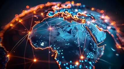 Interactive digital world globe centered, concept of global network and advanced connectivity on Earth, efficient data transfer and cyber technology, information exchange and international telecommuni