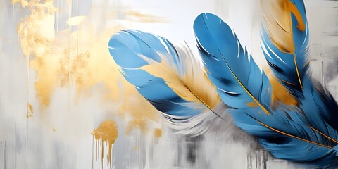 Vintage illustration with feathers, blue and gold brushstrokes. Textured background. Oil on canvas. Modern Art. Grey, wallpaper, poster, card, mural, print, wall art