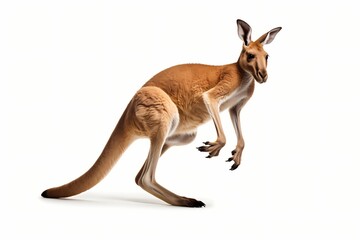 Agile kangaroo mid-hop, powerful legs captured in mid-air suspension, isolated on white solid background