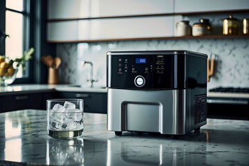 A metallic style countertop ice maker with a modern kitchen in the background - obrazy, fototapety, plakaty