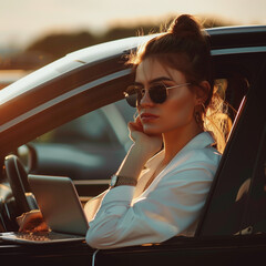 A 3D  attractive and beautiful business with nice car ,phone and laptop with decent sun glasses and purse. - obrazy, fototapety, plakaty