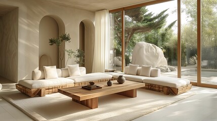 Modern Living Room with Neutral Tones and Nature View