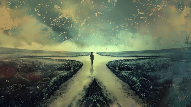 A compelling image of a solitary figure walking along a bifurcated path that transcends into a dreamlike vista