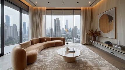 Modern Luxury Living Room Interior with Cityscape View