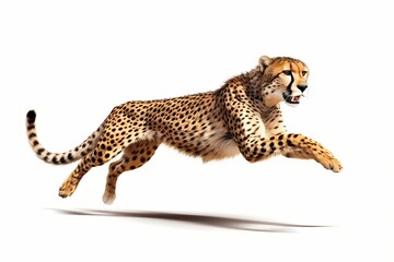 Agile cheetah sprinting at incredible speed, muscles tensed, isolated on white solid background