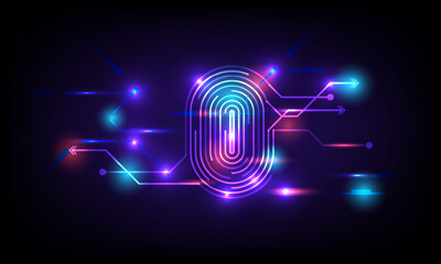 Cyber security and cyber crime concept. Electronic thumb fingerprint on futuristic technology abstract background. Digital protection. Scanning for protecting data. Hacker protection.
