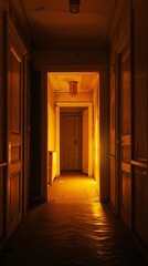 Ghostly activity, flickering lights in old hallway, panoramic, eerie, dim yellow glow , low noise