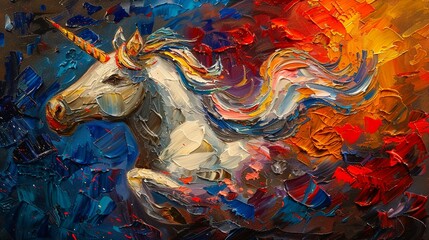 Colorful abstract of a unicorn, palette knife oil painting, on a vivid background, with dynamic highlights and strong, dramatic lighting