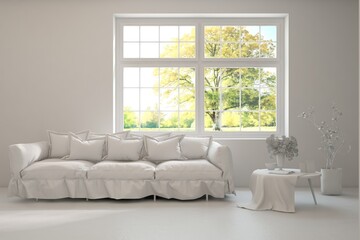 Grey living room concept with sofa and summer landscape in window. Scandinavian interior design. 3D illustration