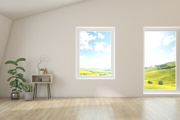 White empty room with summer landscape in window. Scandinavian interior design. 3D illustration