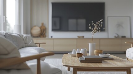 Scandinavian style designed living room interior scene on cloudy weather. ( 3d render )