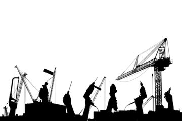 Silhouette of a hand holding a construction tool and holding it up with a construction site in the background, isolated on a transparent background png file.