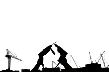 Silhouette of hand holding a drill and lifting it with construction site behind, isolated on transparent background png file.