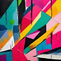 Fototapeta premium graffiti on wall.an abstract wall surface adorned with graffiti in a vibrant color palette. Integrate geometric lines and shapes with candy colors against a backdrop of light punch and black hues to c