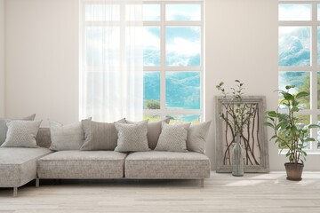 White living room with sofa. Scandinavian interior design. 3D illustration - obrazy, fototapety, plakaty