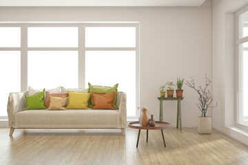 White living room with sofa. Scandinavian interior design. 3D illustration