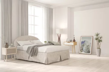 Zelfklevend Fotobehang White bedroom concept. Scandinavian interior design. 3D illustration © AntonSh