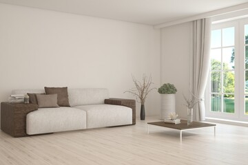 White living room with sofa. Scandinavian interior design. 3D illustration