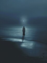 Ghostly figure, standing at the shore, night, reflective, cool ocean whispers , high-resolution