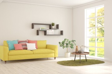 White living room with sofa and summer landscape in window. Scandinavian interior design. 3D illustration