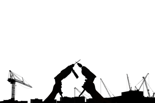 Silhouette of hand holding a drill and lifting it with construction site behind, isolated on transparent background png file.