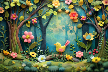 A detailed scene comes alive in wool felt. Lush green grass with a textured finish creates the backdrop for vibrant birds singing amongst colorful flowers in the trees.
